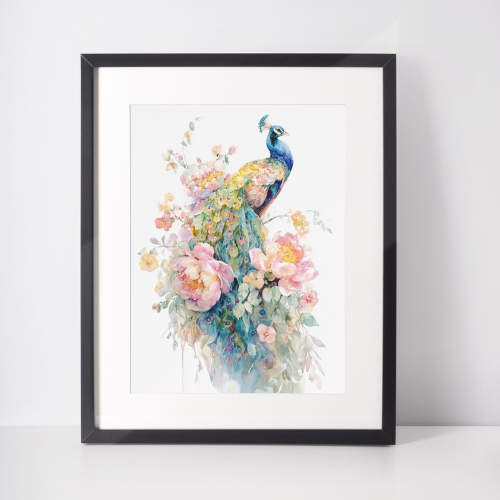 Watercolor Floral Peacock Wall Art Illustration Print Poster Card Unframed - Picture 2 of 9